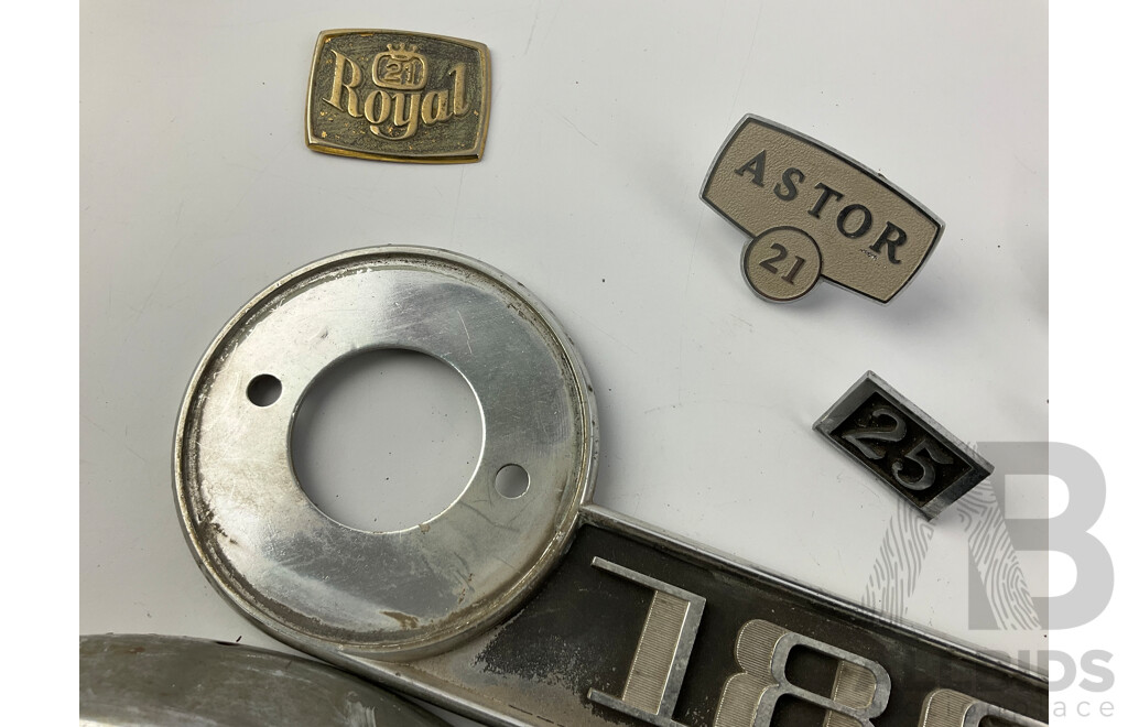 Two Holden FB Hubcaps, Automotive Badges Including Humber Supersnipe and Astor 21