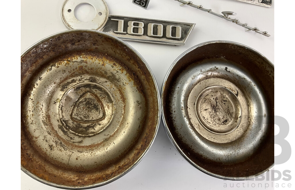 Two Holden FB Hubcaps, Automotive Badges Including Humber Supersnipe and Astor 21