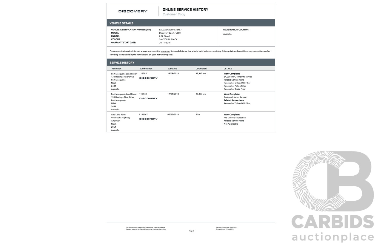 11/2016 Land Rover Discovery Sport TD4 180 HSE (AWD) LC MY17 4D Wagon Santorini Metallic Black Turbo Diesel 2.0L - 7 Seater