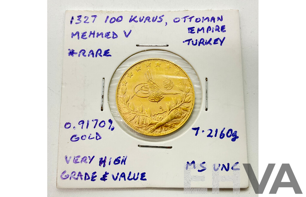 Ottoman Empire/Turkey 1327 Gold One Hundred Kurus Coin, Mehmed V .917
