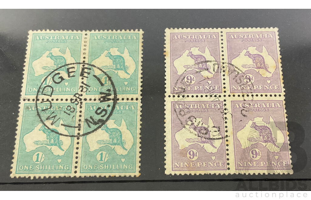 Australian 1915-27 Cancelled Kangaroo on Map Blocks, One Shilling and Nine Penny, Third Water Mark