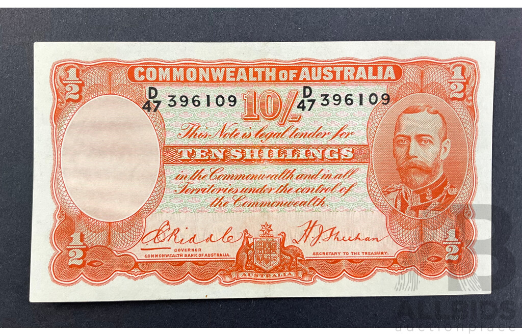 Australian 1936 Ten Shillings Note, Riddle/Sheehan R11, D 47 396109, High Grade
