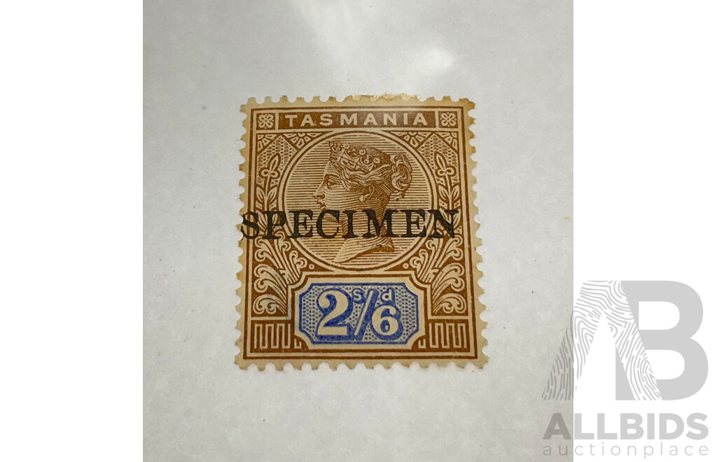 Australian 1892 Tasmania QV Specimen Stamp, Two Shilling, Sixpence
