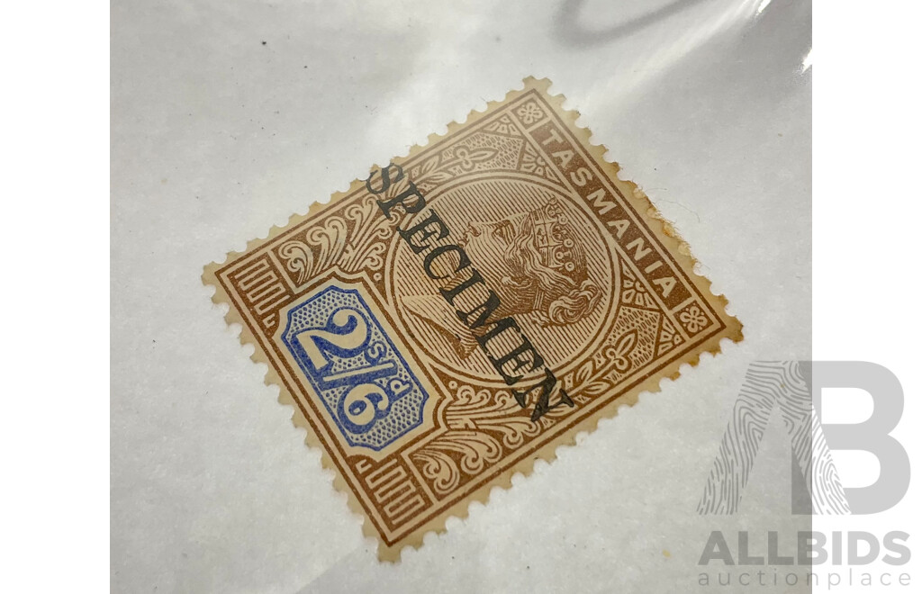 Australian 1892 Tasmania QV Specimen Stamp, Two Shilling, Sixpence