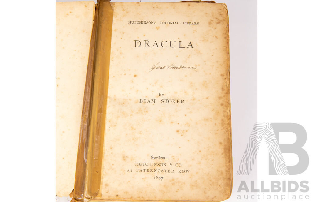 Extremely Rare First Colonial Edition, Bram Stoker's Dracula, Hutchinsons Colonial Edition, Hutchinson & Co, London, 1897, Cloth Bound Hardcover