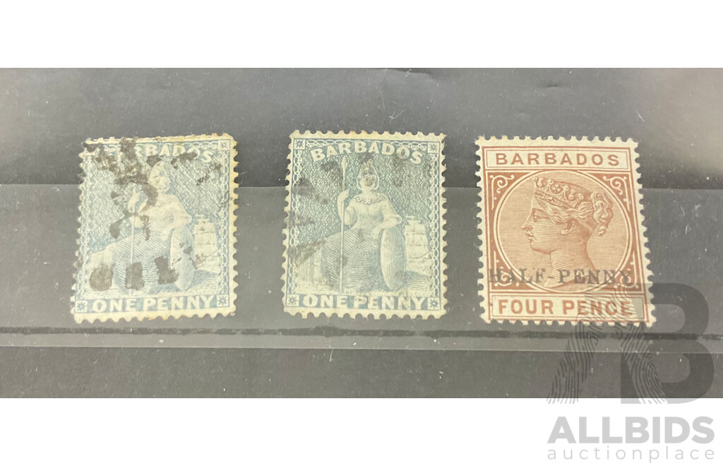 Barbados British Colonies 1860's -1892 Stamps Including Mint/Hinged QV Half Penny on Four Pence Over Print
