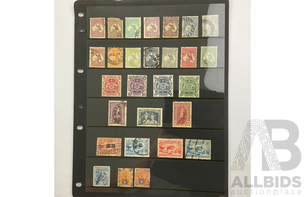 Large Rare Collection of Australia and State Stamps Including QV, KGV, Official Service, Kangaroo on Map, Overprints, Pairs, Hand Cancelled, WA, VIC, NSW, SA, QLD, TAS