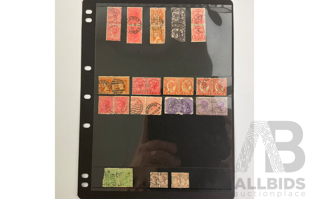 Large Rare Collection of Australia and State Stamps Including QV, KGV, Official Service, Kangaroo on Map, Overprints, Pairs, Hand Cancelled, WA, VIC, NSW, SA, QLD, TAS