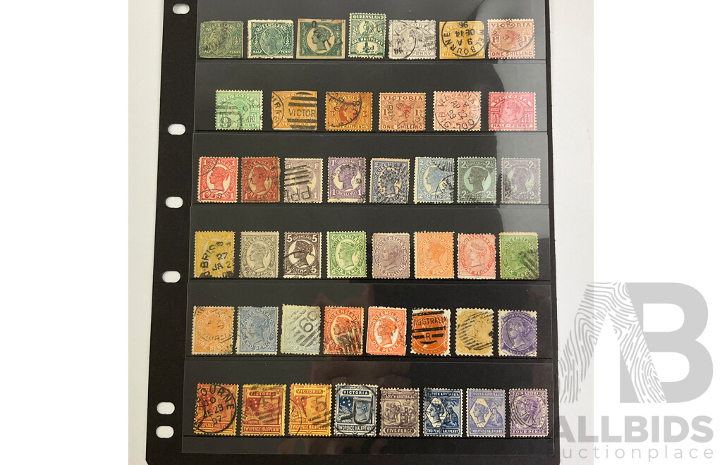Large Rare Collection of Australia and State Stamps Including QV, KGV, Official Service, Kangaroo on Map, Overprints, Pairs, Hand Cancelled, WA, VIC, NSW, SA, QLD, TAS