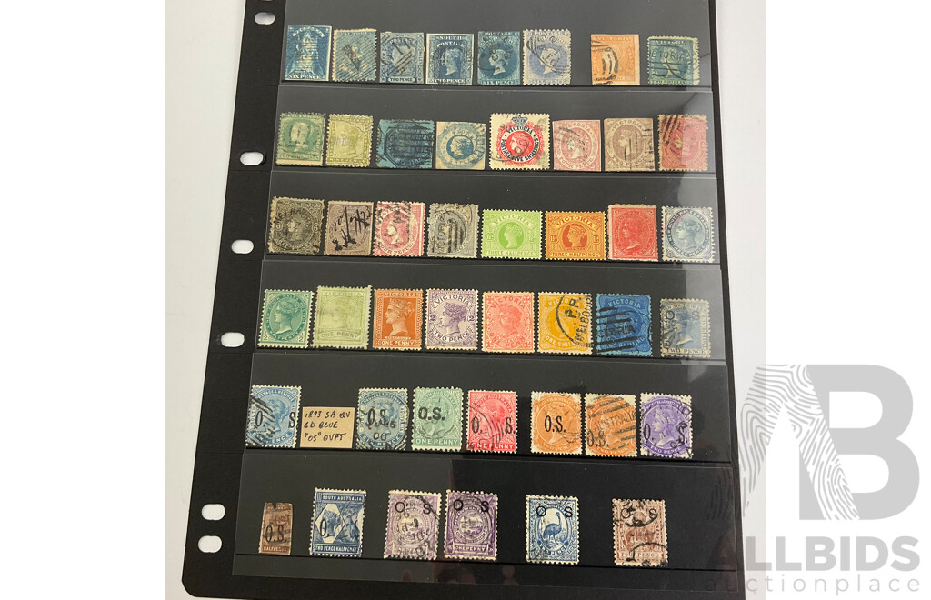 Large Rare Collection of Australia and State Stamps Including QV, KGV, Official Service, Kangaroo on Map, Overprints, Pairs, Hand Cancelled, WA, VIC, NSW, SA, QLD, TAS