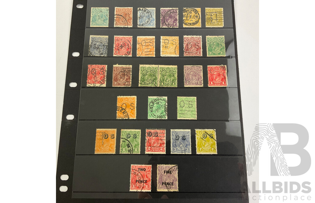 Large Rare Collection of Australia and State Stamps Including QV, KGV, Official Service, Kangaroo on Map, Overprints, Pairs, Hand Cancelled, WA, VIC, NSW, SA, QLD, TAS