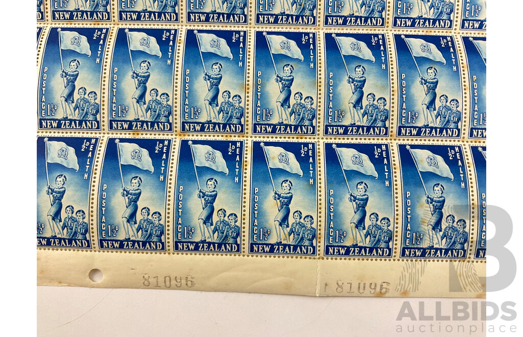 New Zealand 1953 Stamp Sheet, Health Series, One and a Half/Half Penny