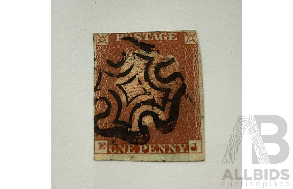 Great Britain QV Penny Red Stamp, Imperforate, Blued Paper, Maltese Cross Cancel