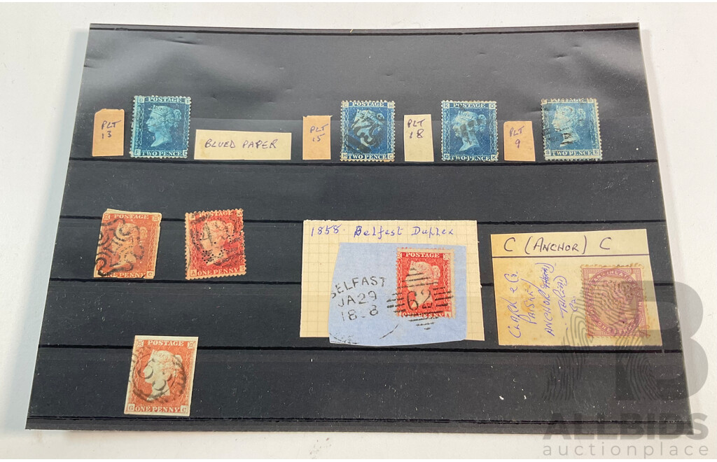 Collection of United Kingdom QV Stamps Including Penny Reds, Penny Blues, Maltese Cross, C Anchor Water Mark, Belfast Spoon Cancel
