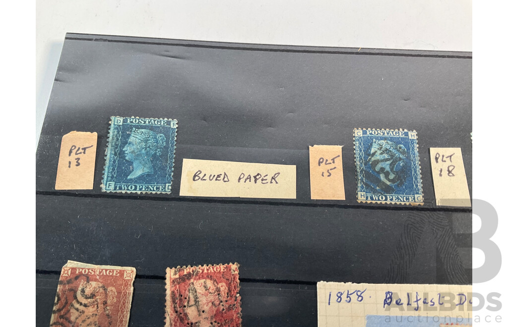 Collection of United Kingdom QV Stamps Including Penny Reds, Penny Blues, Maltese Cross, C Anchor Water Mark, Belfast Spoon Cancel