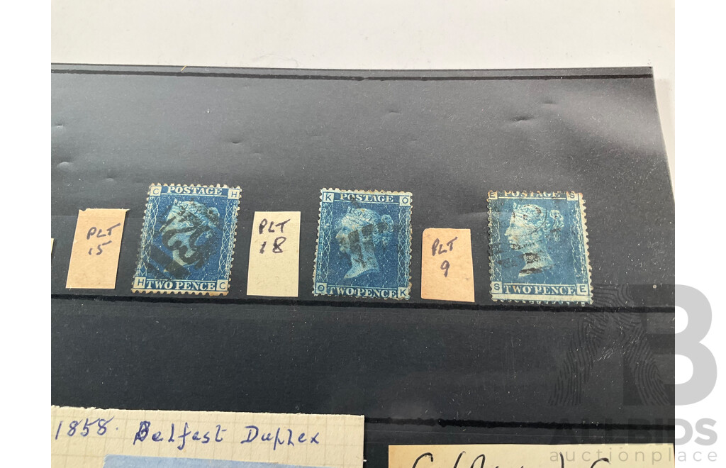 Collection of United Kingdom QV Stamps Including Penny Reds, Penny Blues, Maltese Cross, C Anchor Water Mark, Belfast Spoon Cancel