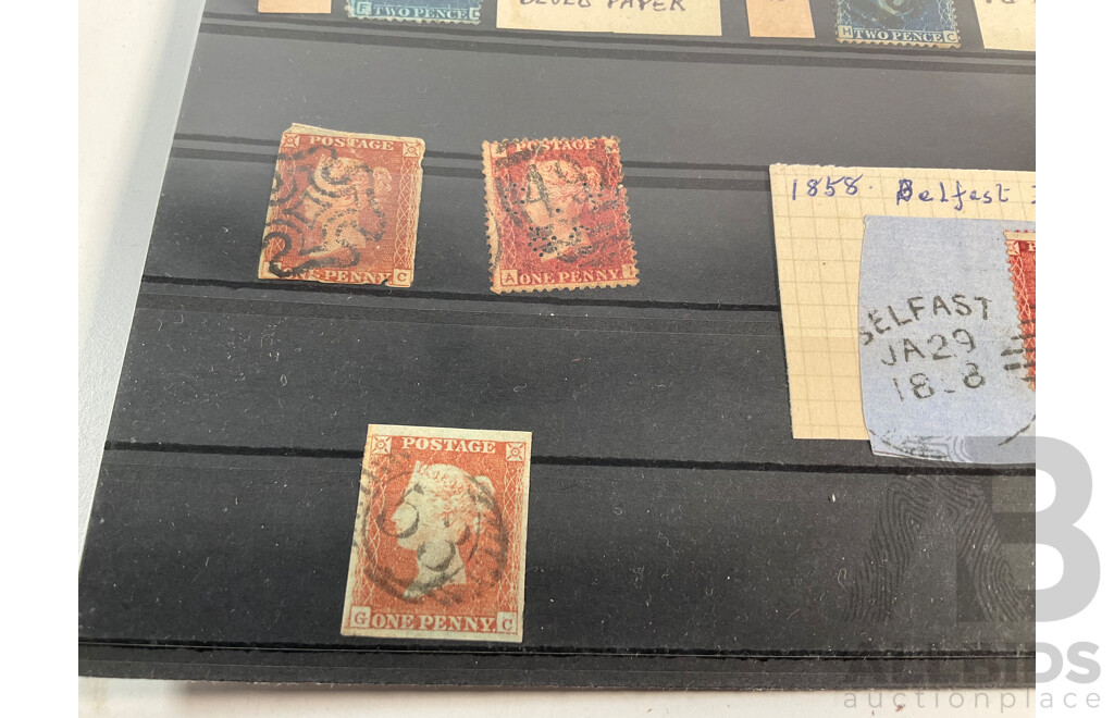 Collection of United Kingdom QV Stamps Including Penny Reds, Penny Blues, Maltese Cross, C Anchor Water Mark, Belfast Spoon Cancel