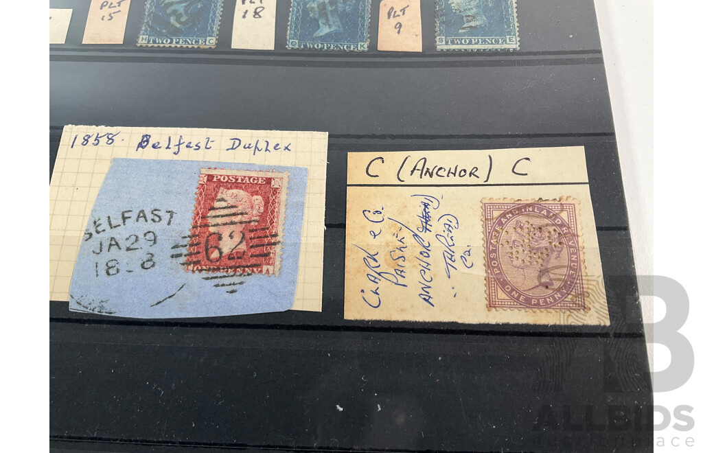 Collection of United Kingdom QV Stamps Including Penny Reds, Penny Blues, Maltese Cross, C Anchor Water Mark, Belfast Spoon Cancel