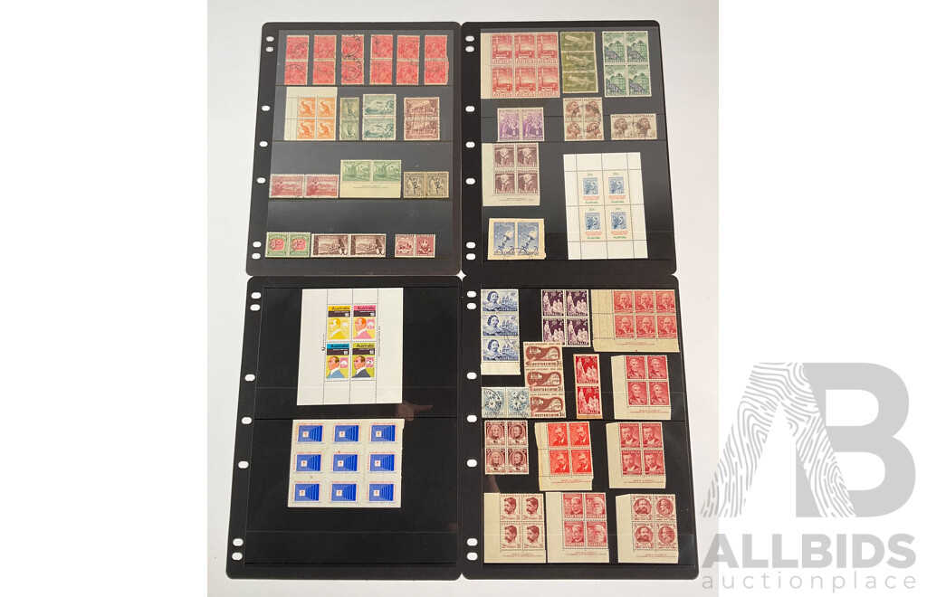 Collection of Australian Stamp Blocks and Pairs Including Predecimal, Mints, KGV Heads, Kangaroos, Postage Due