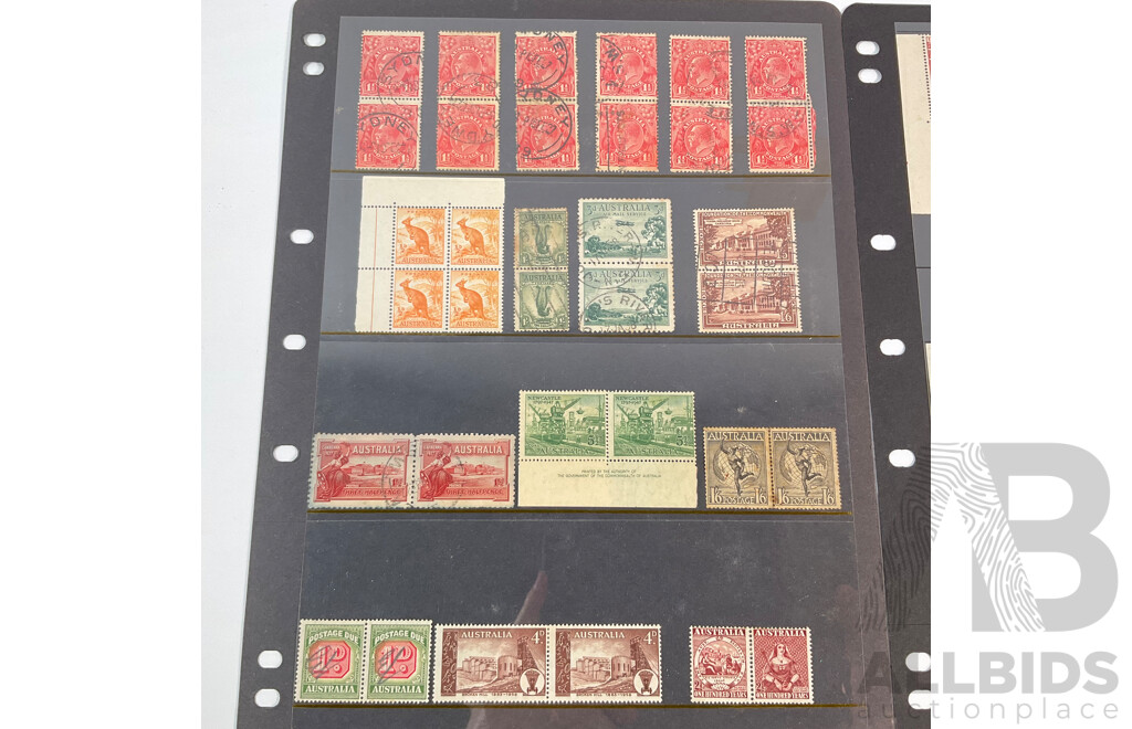 Collection of Australian Stamp Blocks and Pairs Including Predecimal, Mints, KGV Heads, Kangaroos, Postage Due