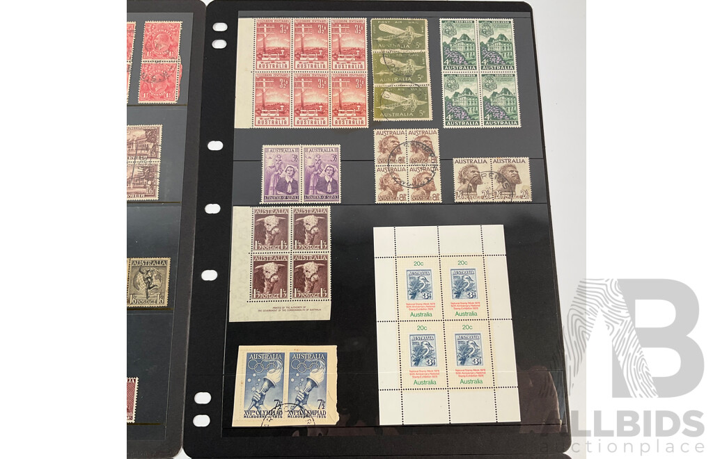 Collection of Australian Stamp Blocks and Pairs Including Predecimal, Mints, KGV Heads, Kangaroos, Postage Due