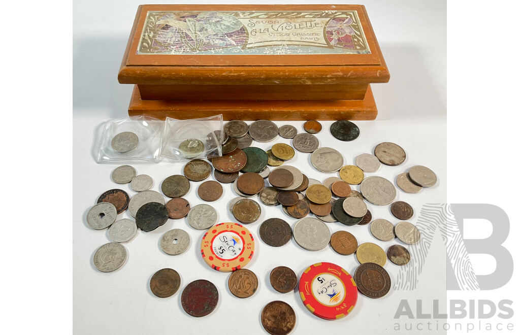 Collection of Vintage International Coins with French Soap Box