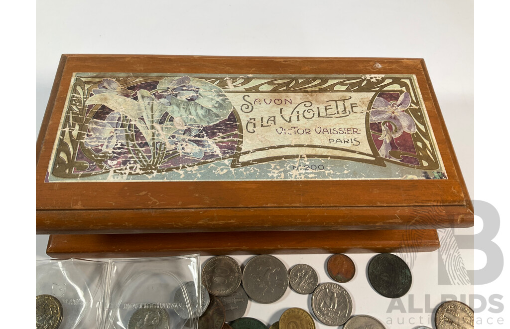 Collection of Vintage International Coins with French Soap Box