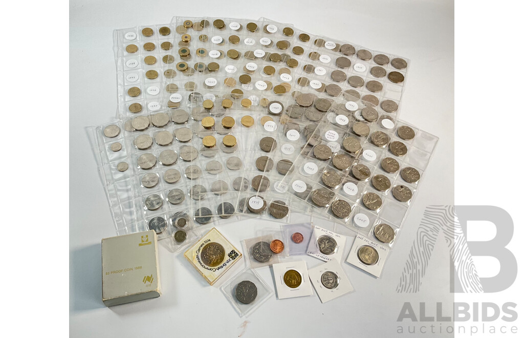 Album of Australian Decimal Coins Including Commemorative Two Dollars, One Dollars, Fifty Cents, Twenty Cents, Predecimal, UNC, High Grade, Proof 1988 Five Dollar