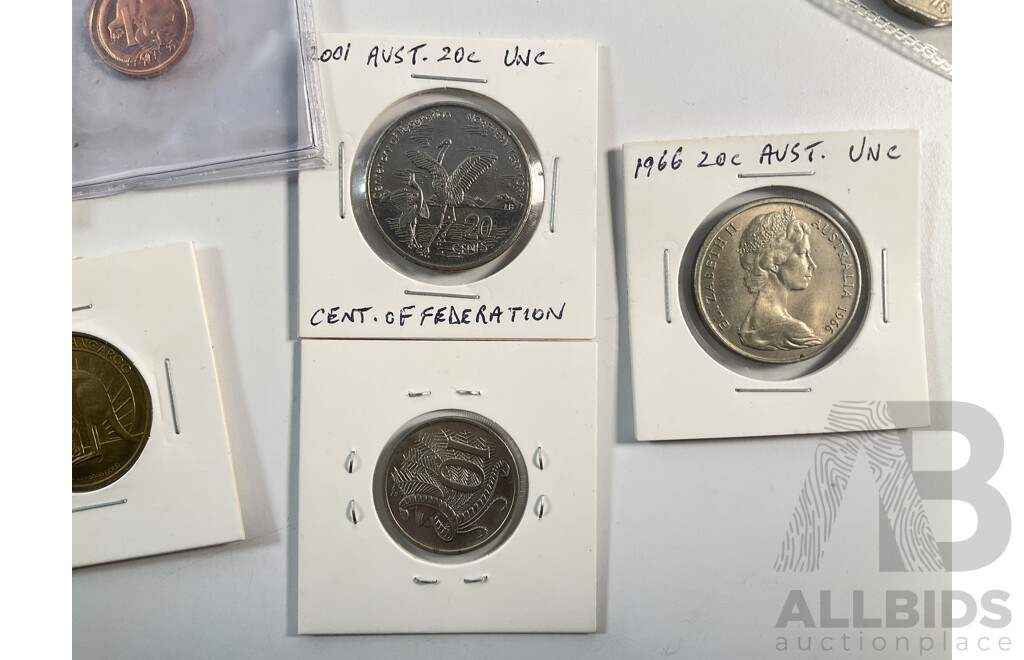 Album of Australian Decimal Coins Including Commemorative Two Dollars, One Dollars, Fifty Cents, Twenty Cents, Predecimal, UNC, High Grade, Proof 1988 Five Dollar