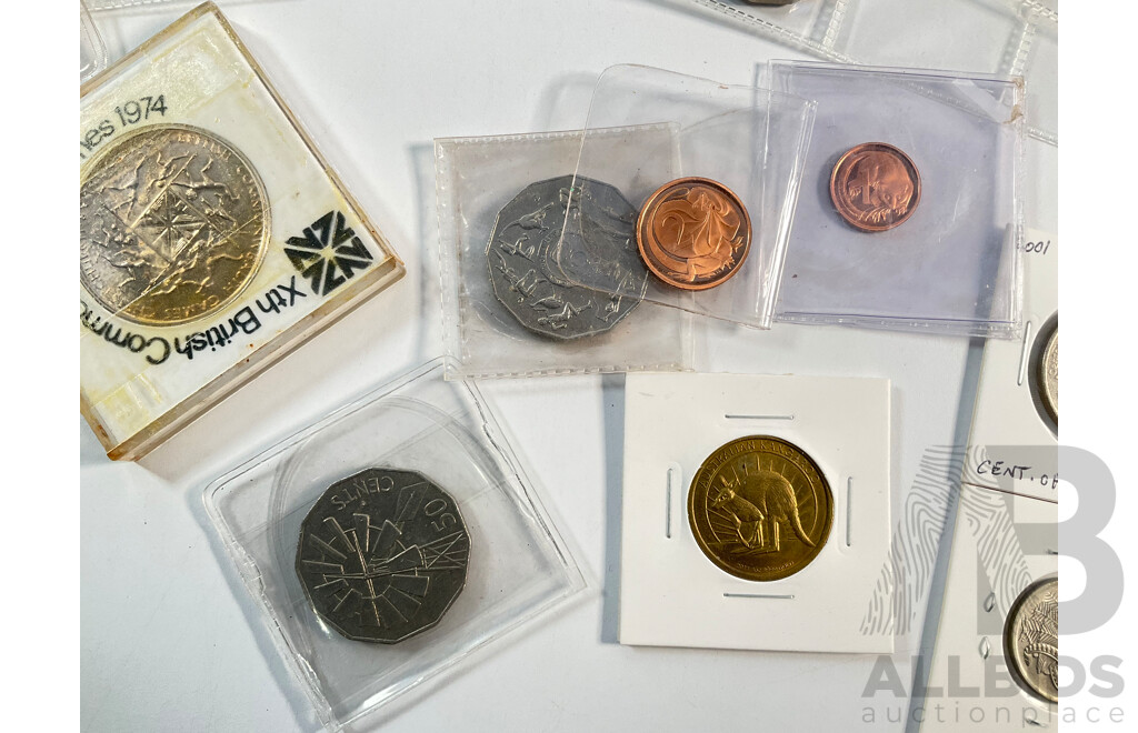 Album of Australian Decimal Coins Including Commemorative Two Dollars, One Dollars, Fifty Cents, Twenty Cents, Predecimal, UNC, High Grade, Proof 1988 Five Dollar