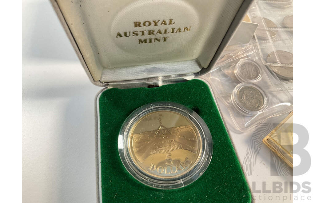 Album of Australian Decimal Coins Including Commemorative Two Dollars, One Dollars, Fifty Cents, Twenty Cents, Predecimal, UNC, High Grade, Proof 1988 Five Dollar