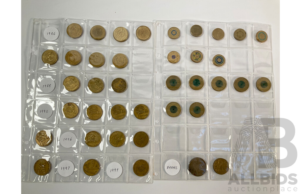 Album of Australian Decimal Coins Including Commemorative Two Dollars, One Dollars, Fifty Cents, Twenty Cents, Predecimal, UNC, High Grade, Proof 1988 Five Dollar