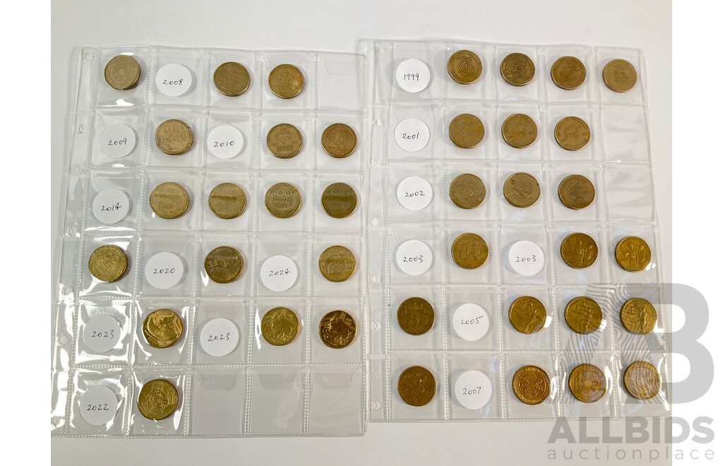 Album of Australian Decimal Coins Including Commemorative Two Dollars, One Dollars, Fifty Cents, Twenty Cents, Predecimal, UNC, High Grade, Proof 1988 Five Dollar