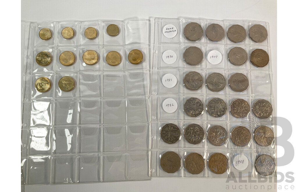 Album of Australian Decimal Coins Including Commemorative Two Dollars, One Dollars, Fifty Cents, Twenty Cents, Predecimal, UNC, High Grade, Proof 1988 Five Dollar