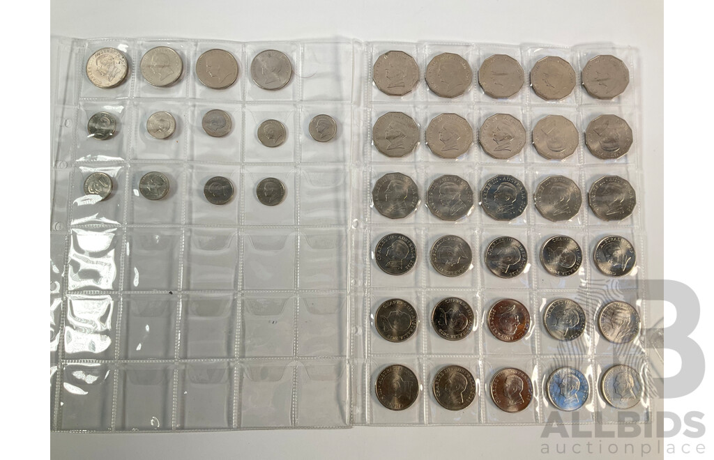 Album of Australian Decimal Coins Including Commemorative Two Dollars, One Dollars, Fifty Cents, Twenty Cents, Predecimal, UNC, High Grade, Proof 1988 Five Dollar