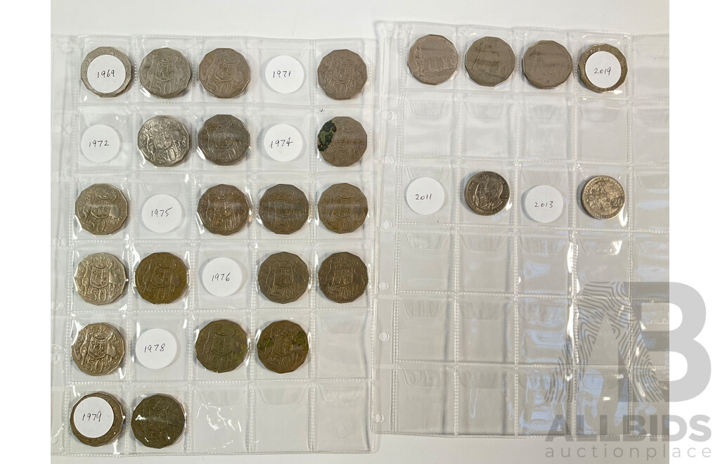 Album of Australian Decimal Coins Including Commemorative Two Dollars, One Dollars, Fifty Cents, Twenty Cents, Predecimal, UNC, High Grade, Proof 1988 Five Dollar