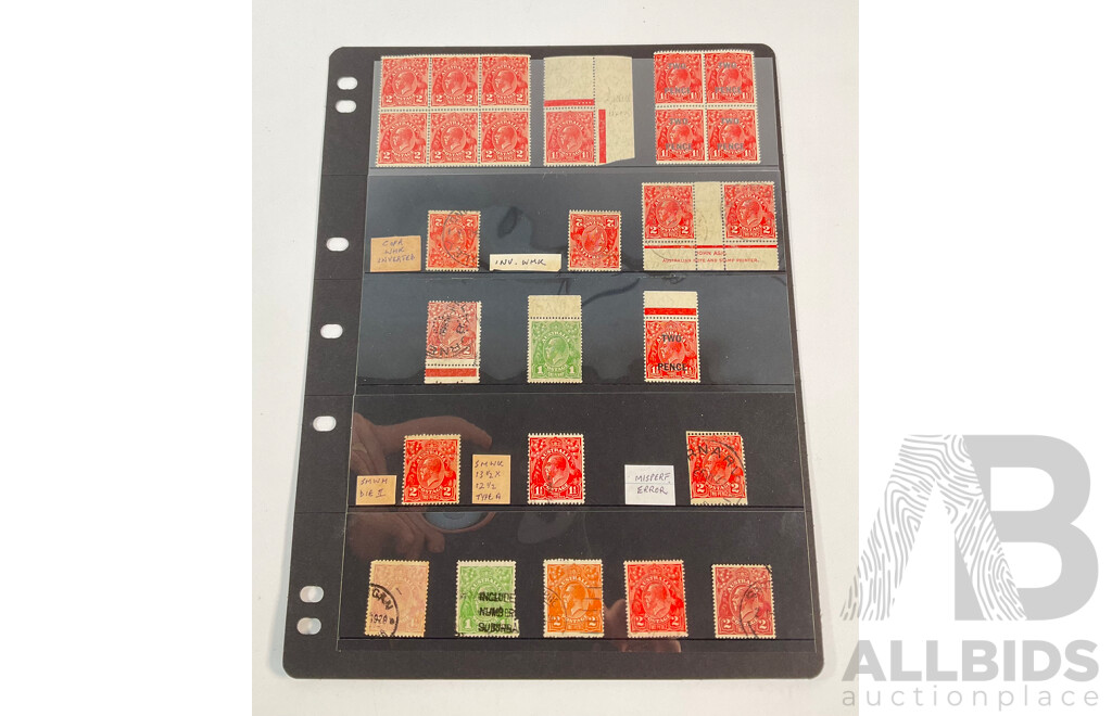Australian KGV Head Stamps Including Inverted Water Mark, Mint Hinged Blocks, John Ash Print, Selvage, Overprints, Misperforated Error