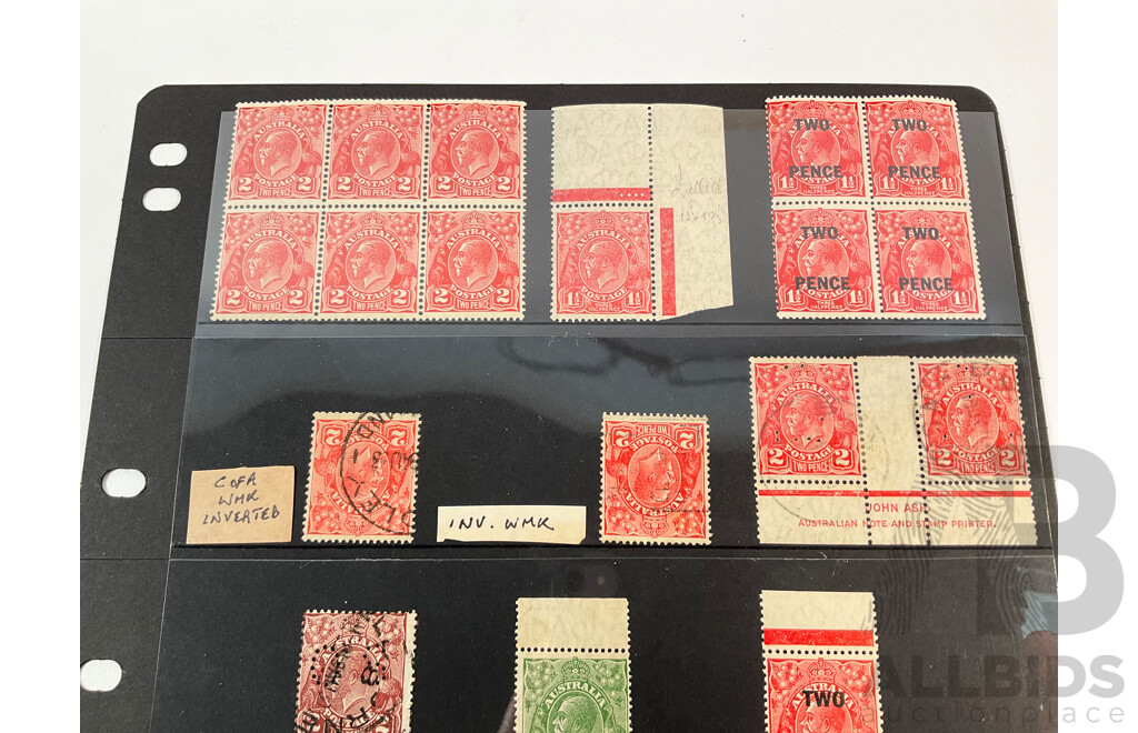 Australian KGV Head Stamps Including Inverted Water Mark, Mint Hinged Blocks, John Ash Print, Selvage, Overprints, Misperforated Error