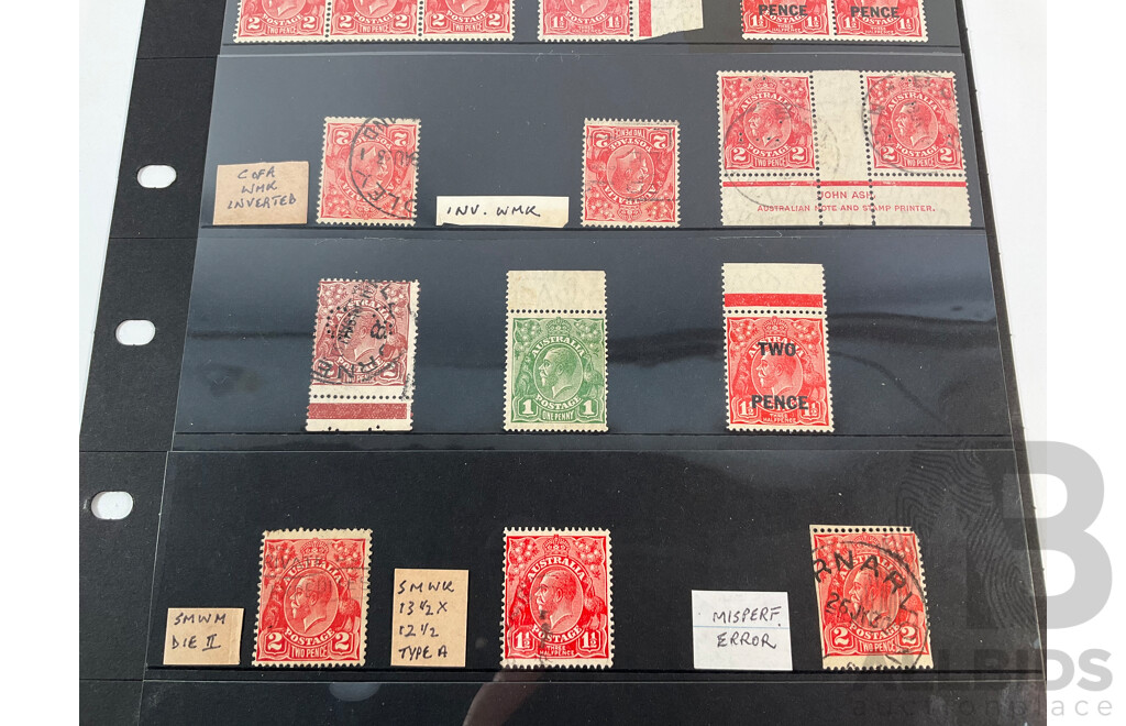 Australian KGV Head Stamps Including Inverted Water Mark, Mint Hinged Blocks, John Ash Print, Selvage, Overprints, Misperforated Error