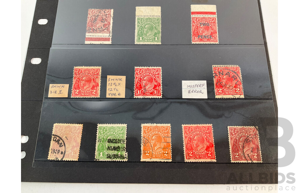Australian KGV Head Stamps Including Inverted Water Mark, Mint Hinged Blocks, John Ash Print, Selvage, Overprints, Misperforated Error