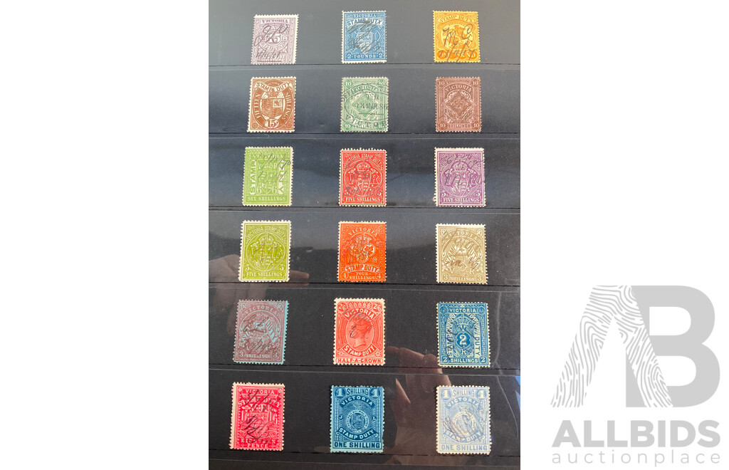 Collection of Australian 1880's QV Victorian Stamp Duty Stamps, Hand Cancels, Four Shillings to Forty Five Shillings
