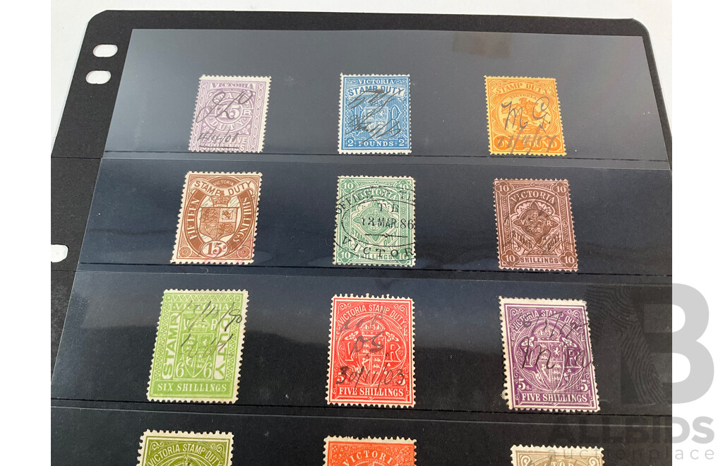 Collection of Australian 1880's QV Victorian Stamp Duty Stamps, Hand Cancels, Four Shillings to Forty Five Shillings