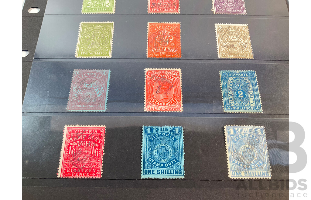 Collection of Australian 1880's QV Victorian Stamp Duty Stamps, Hand Cancels, Four Shillings to Forty Five Shillings