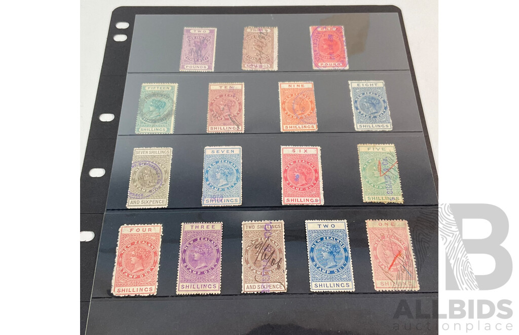 New Zealand 1800's QV Stamp Duty Stamps Including Hand Cancels, One Shilling to Two Pounds