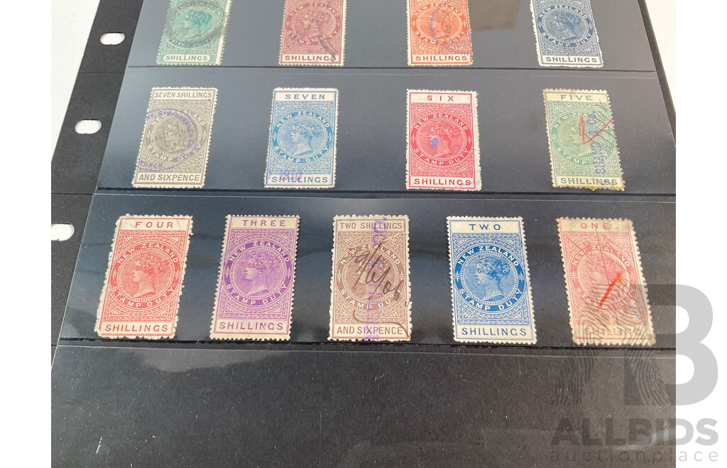 New Zealand 1800's QV Stamp Duty Stamps Including Hand Cancels, One Shilling to Two Pounds