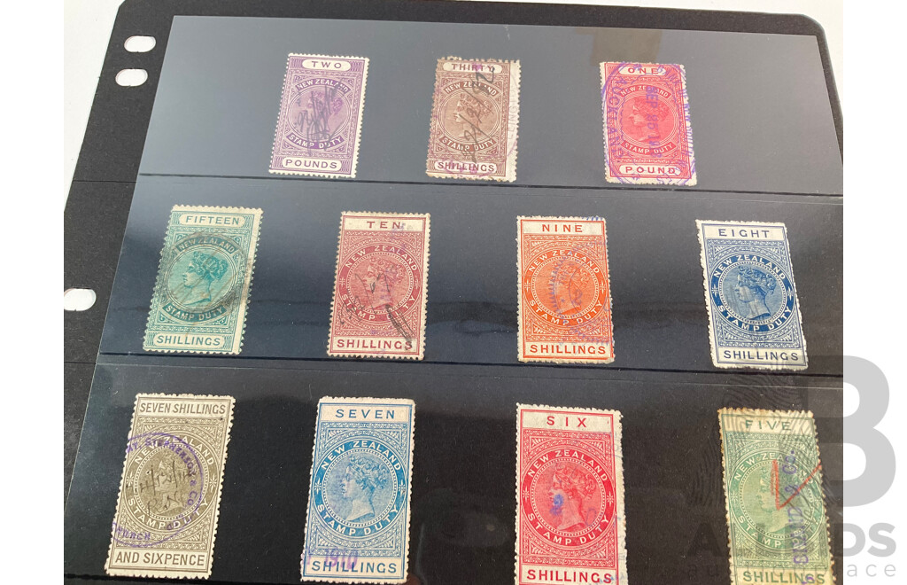 New Zealand 1800's QV Stamp Duty Stamps Including Hand Cancels, One Shilling to Two Pounds
