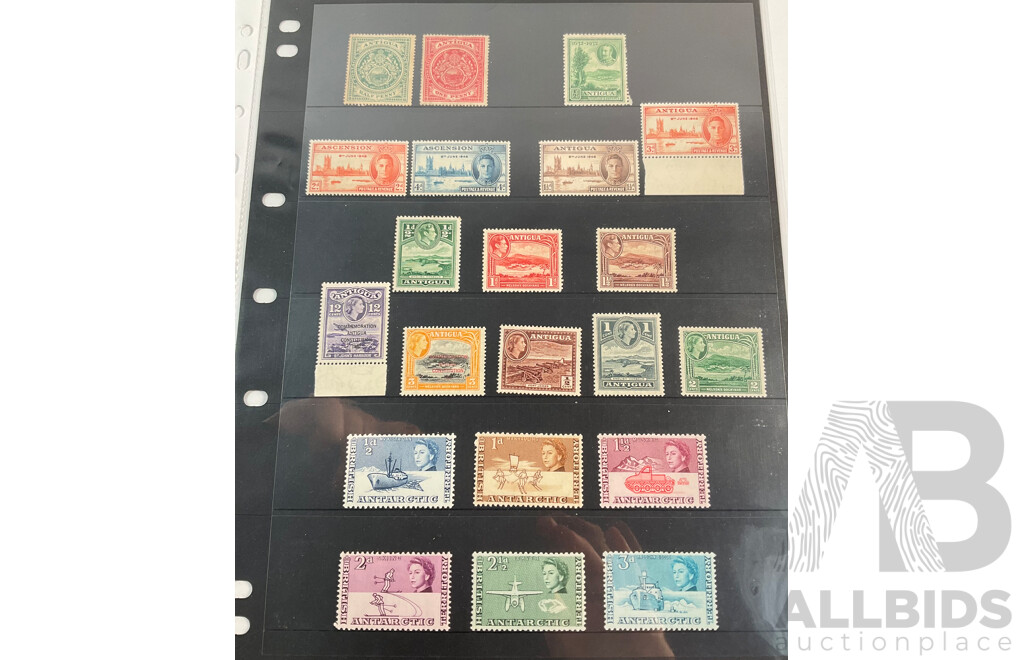 Great Britain/Antigua, Ascension, Antarctica Stamps Including KGVI, QE2, Mint Hinged Sets