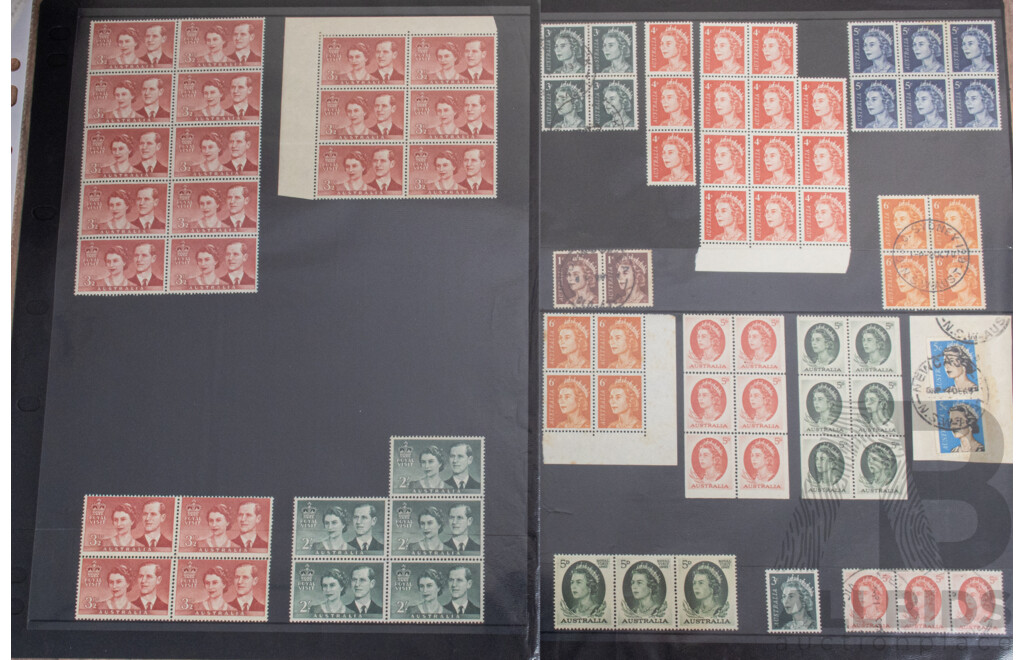 Collection of Australian Early QE2, Mostly Mint Including Blocks, Commonwealth of Australia Print Blocks, Five Cent on Four Cent Booklet