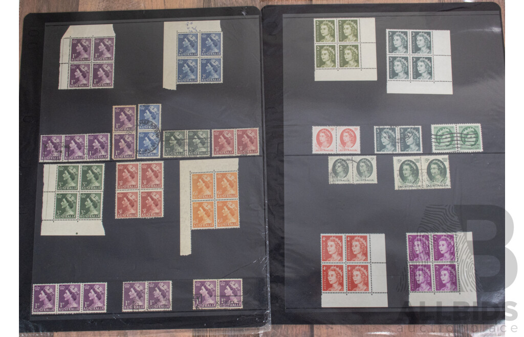 Collection of Australian Early QE2, Mostly Mint Including Blocks, Commonwealth of Australia Print Blocks, Five Cent on Four Cent Booklet