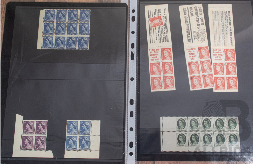 Collection of Australian Early QE2, Mostly Mint Including Blocks, Commonwealth of Australia Print Blocks, Five Cent on Four Cent Booklet